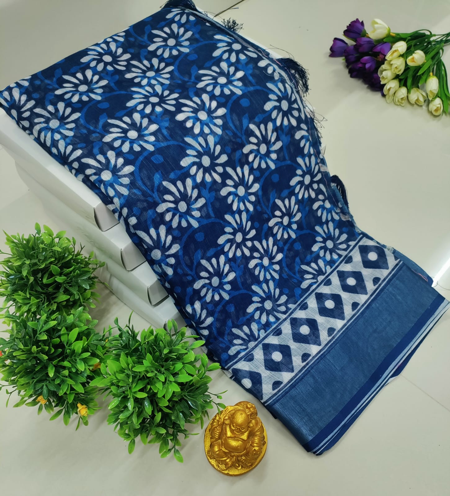 3D Digital Printed Linen Cotton Saree – Blue