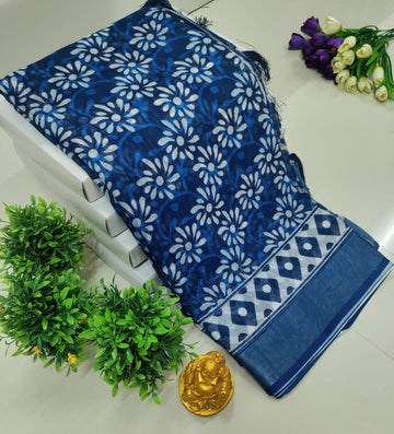 3D Digital Printed Linen Cotton Saree – Blue