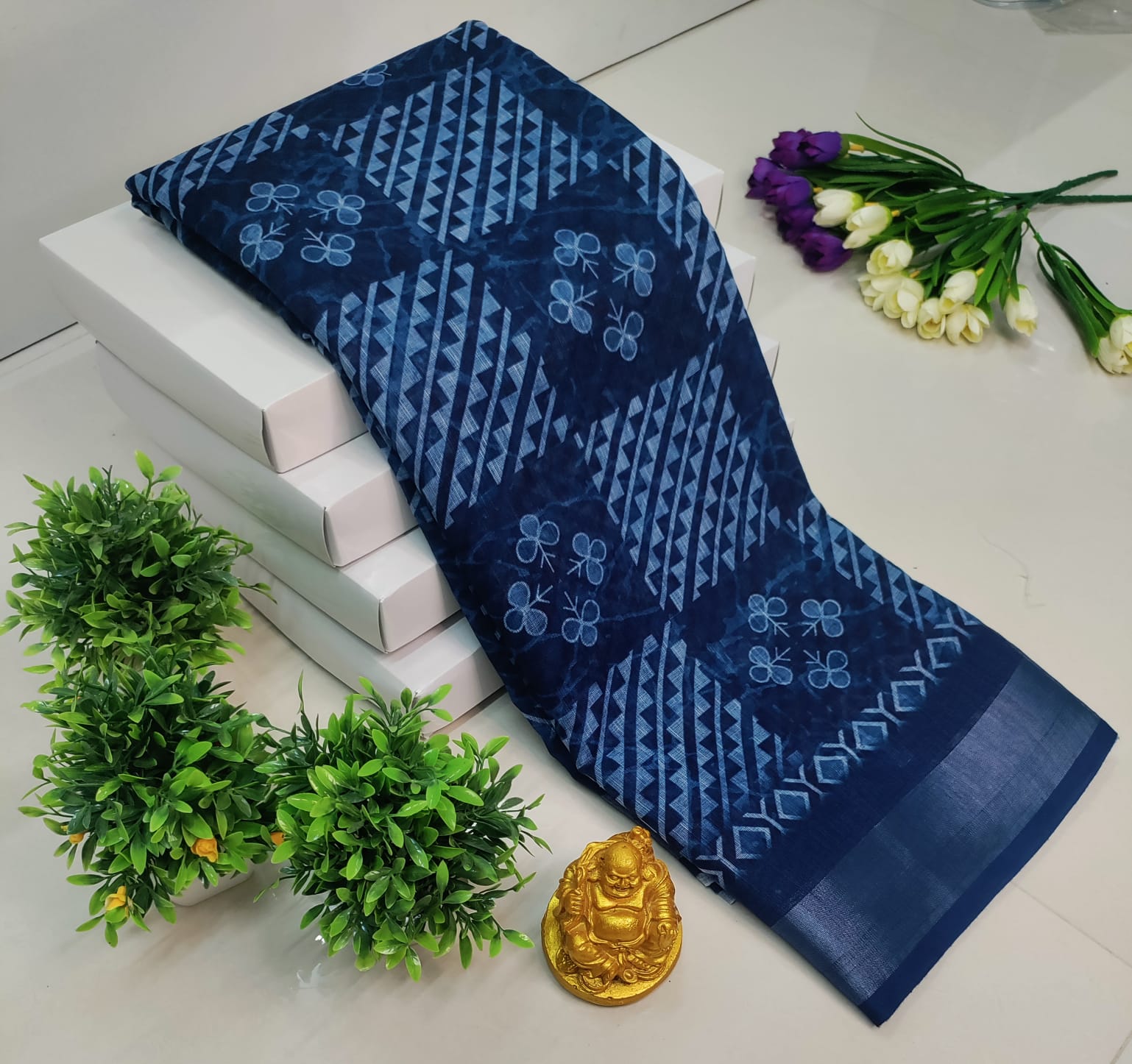 3D Digital Printed Linen Cotton Saree – Blue