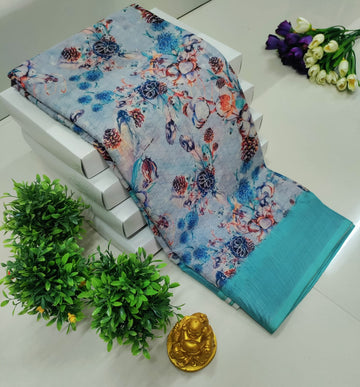 3D Digital Printed Linen Cotton Saree – Sky Blue