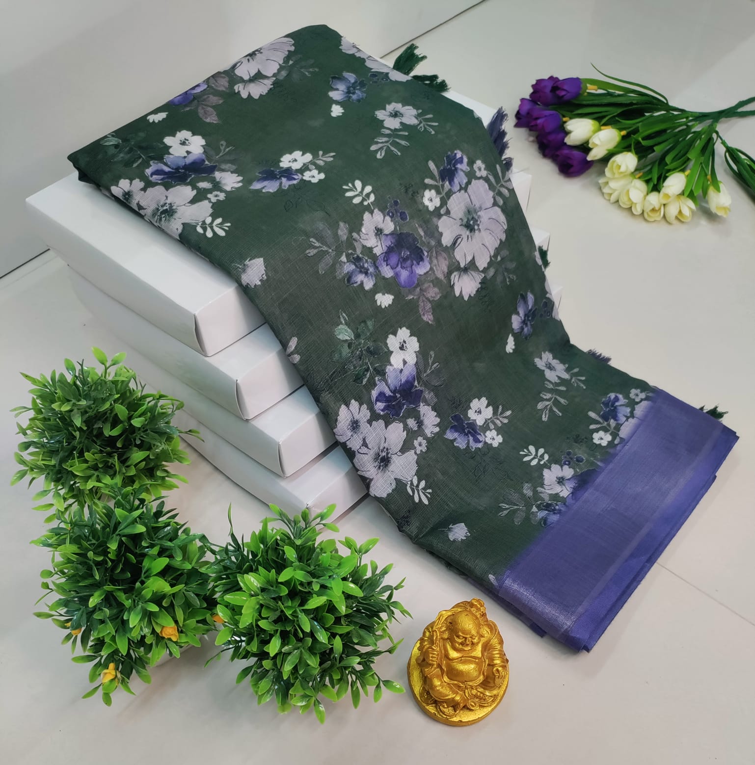 3D Digital Printed Linen Cotton Saree – Greenish