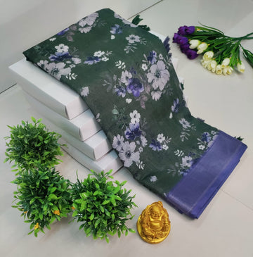 3D Digital Printed Linen Cotton Saree – Greenish