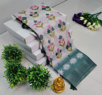 3D Digital Printed Linen Cotton Saree – White & Green Floral
