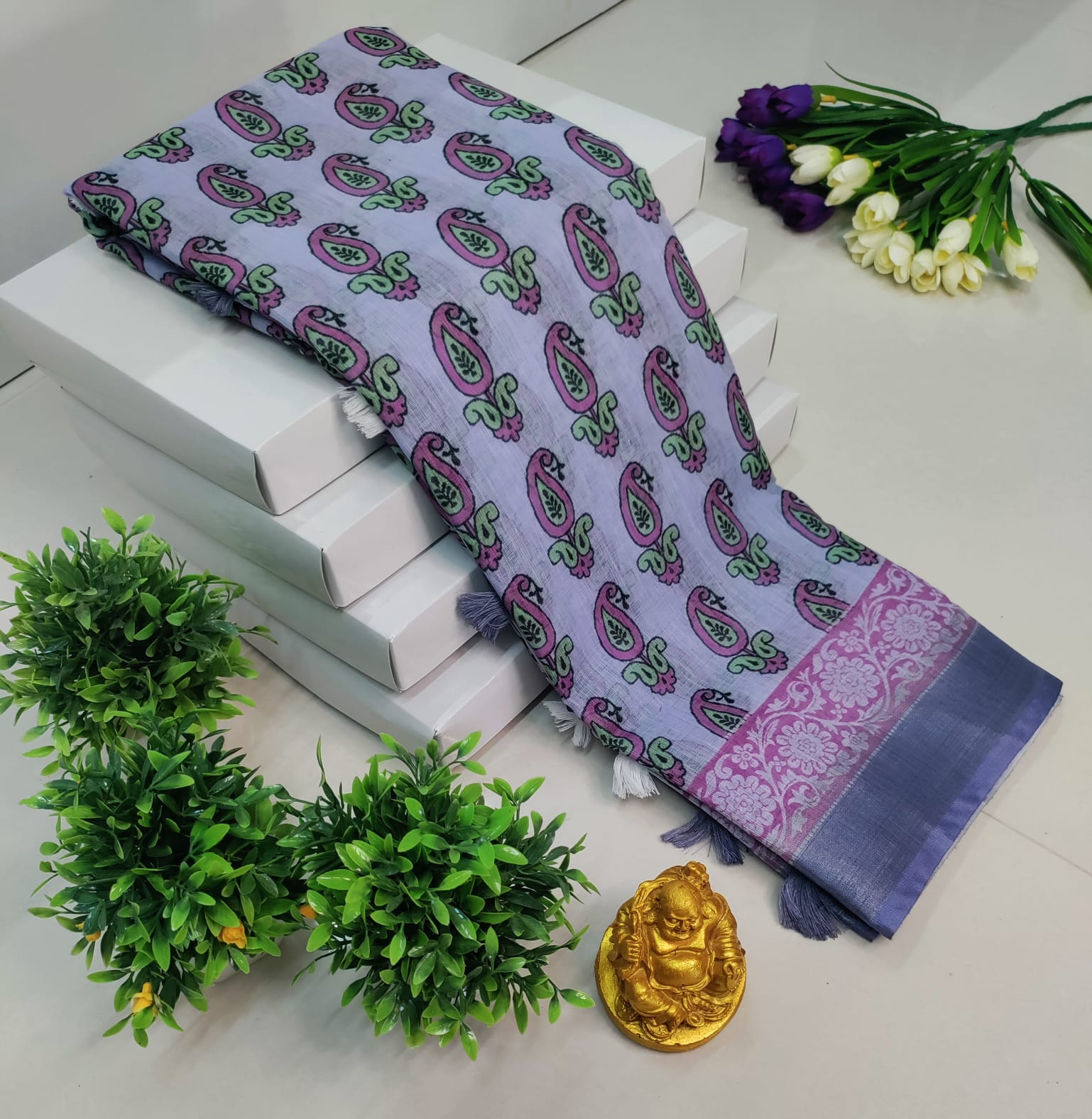 3D Digital Linen Cotton Saree – Light Lavender