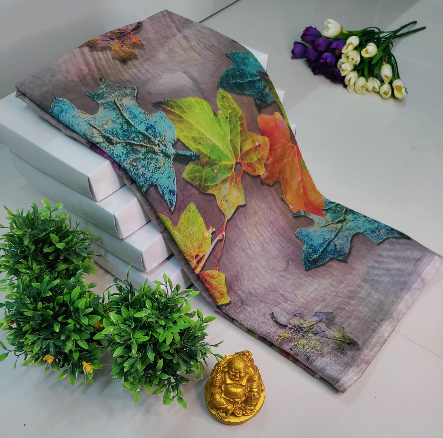 3D Digital Linen Cotton Saree – Multicolour Floral