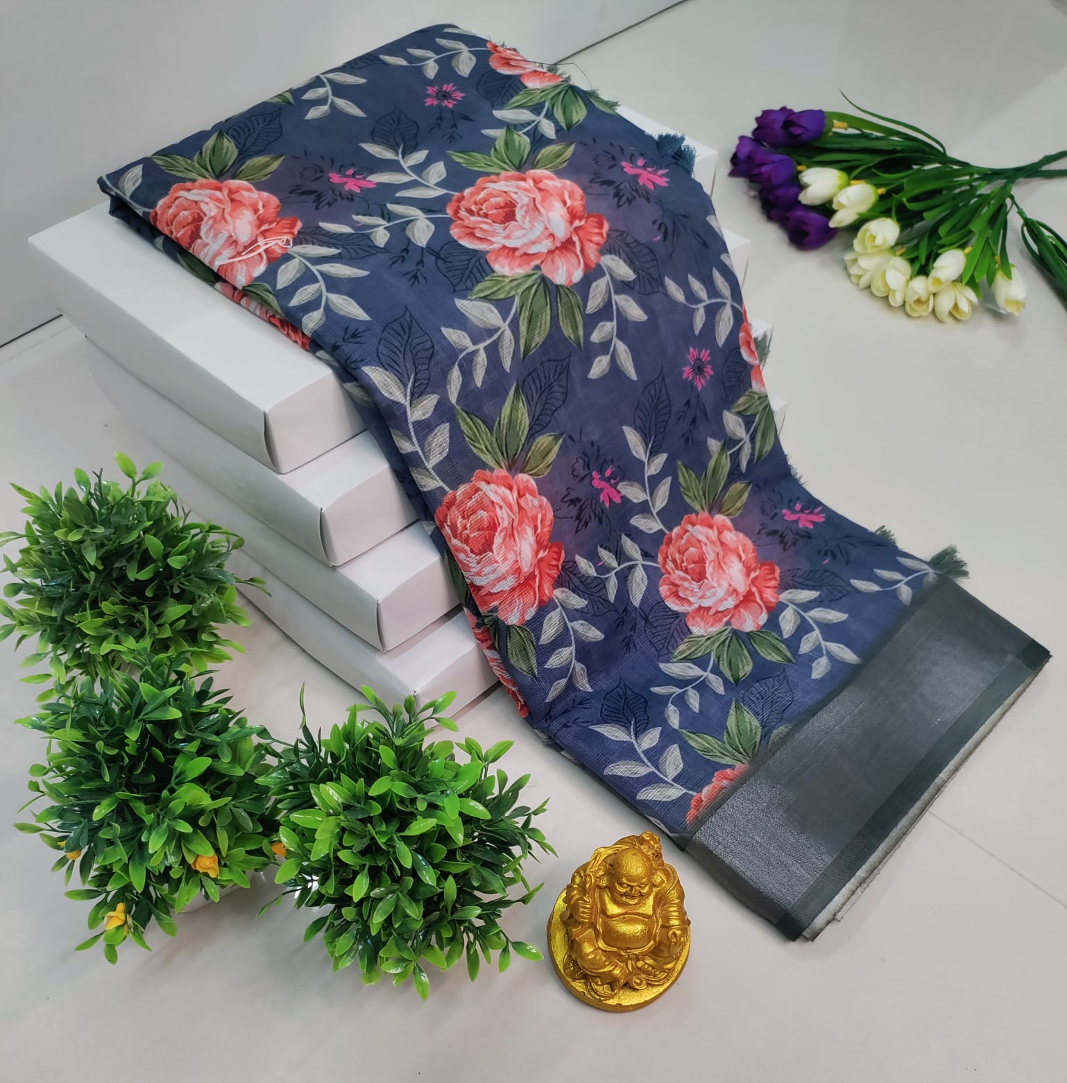 3D Digital Linen Cotton Saree – Elegant Grey