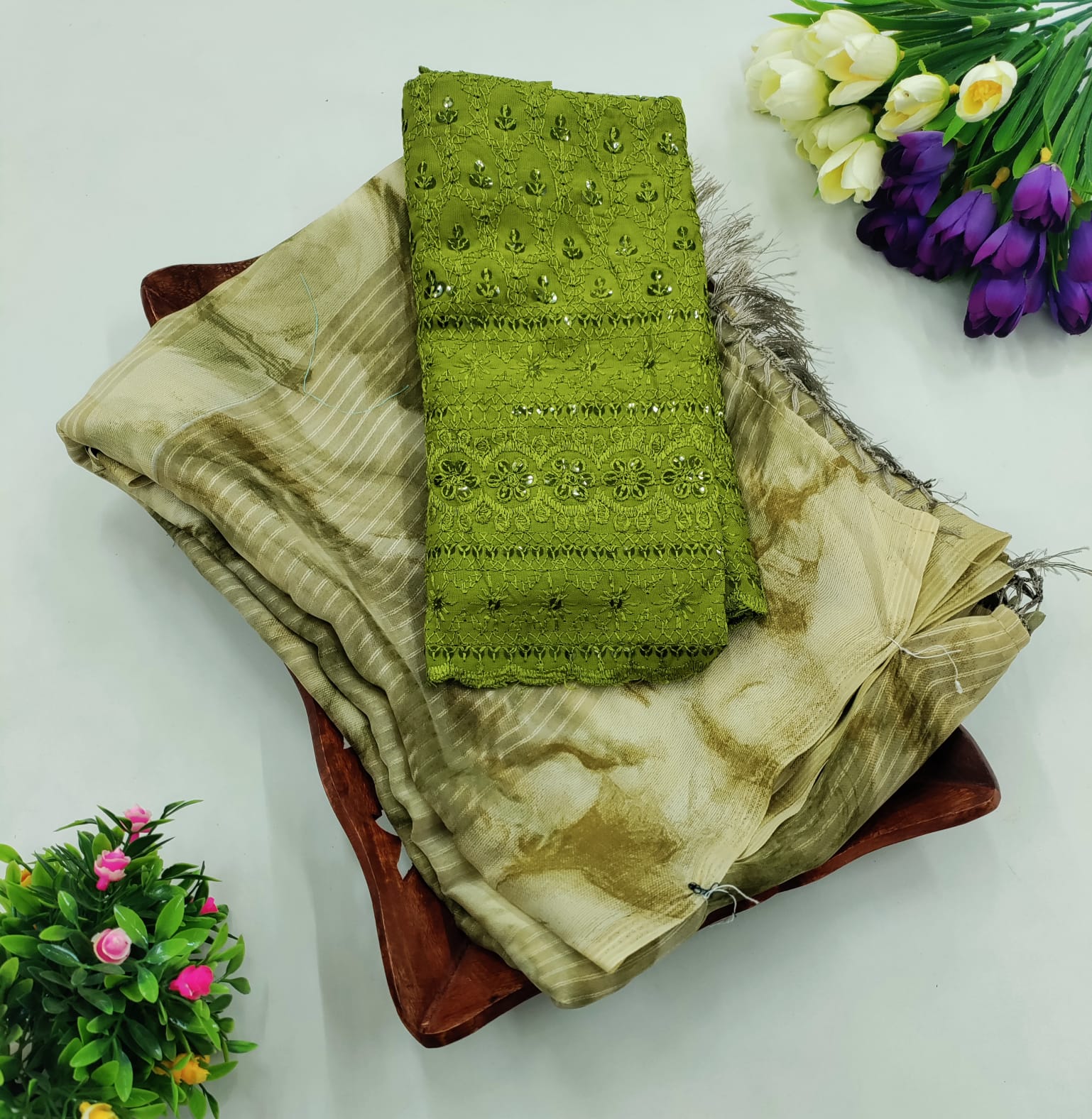 Elegant Beige Shaded Saree with Green Embroidered Blouse