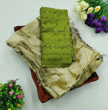 Elegant Beige Shaded Saree with Green Embroidered Blouse