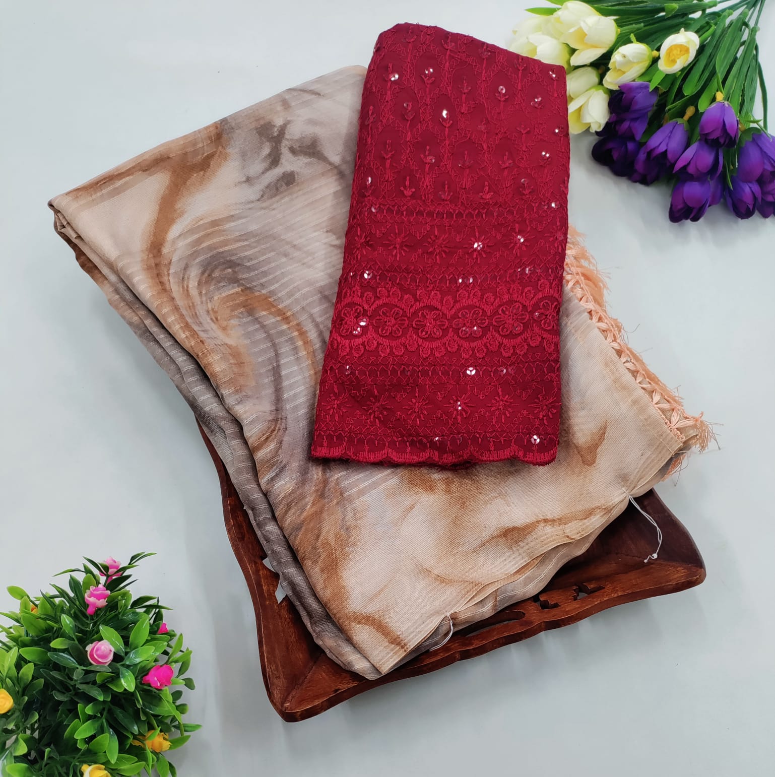 Beige Shaded Saree with Maroon Embroidered Blouse