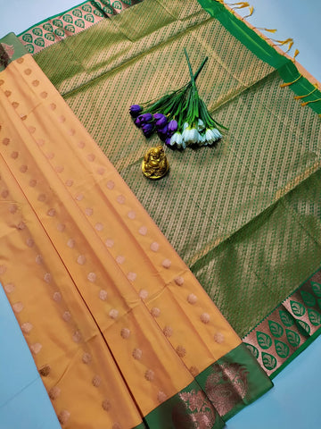 Light Orange with Green – Premium Kanjivaram Soft Silk Saree