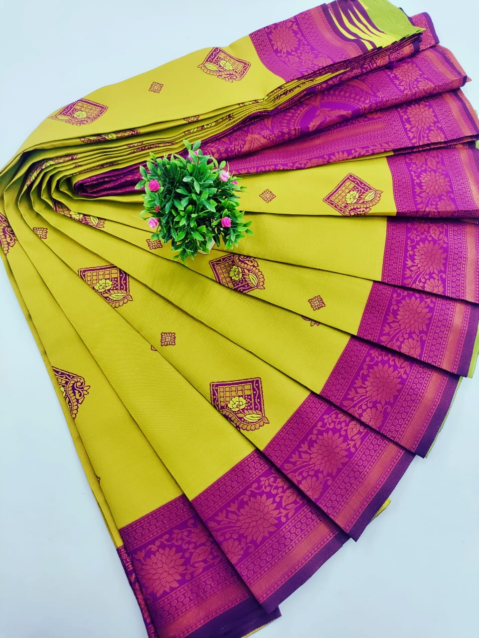 Tissue Silk Saree – Lime Yellow with Purple Border