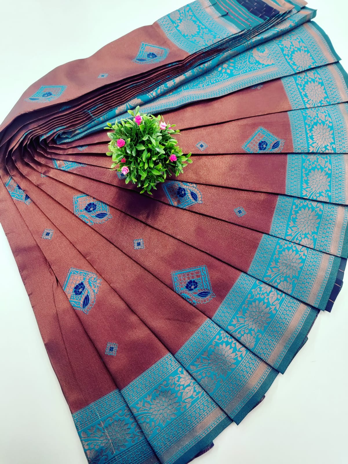 Tissue Silk Saree – Copper with Sky Blue Border
