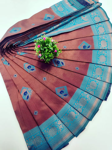 Tissue Silk Saree – Copper with Sky Blue Border