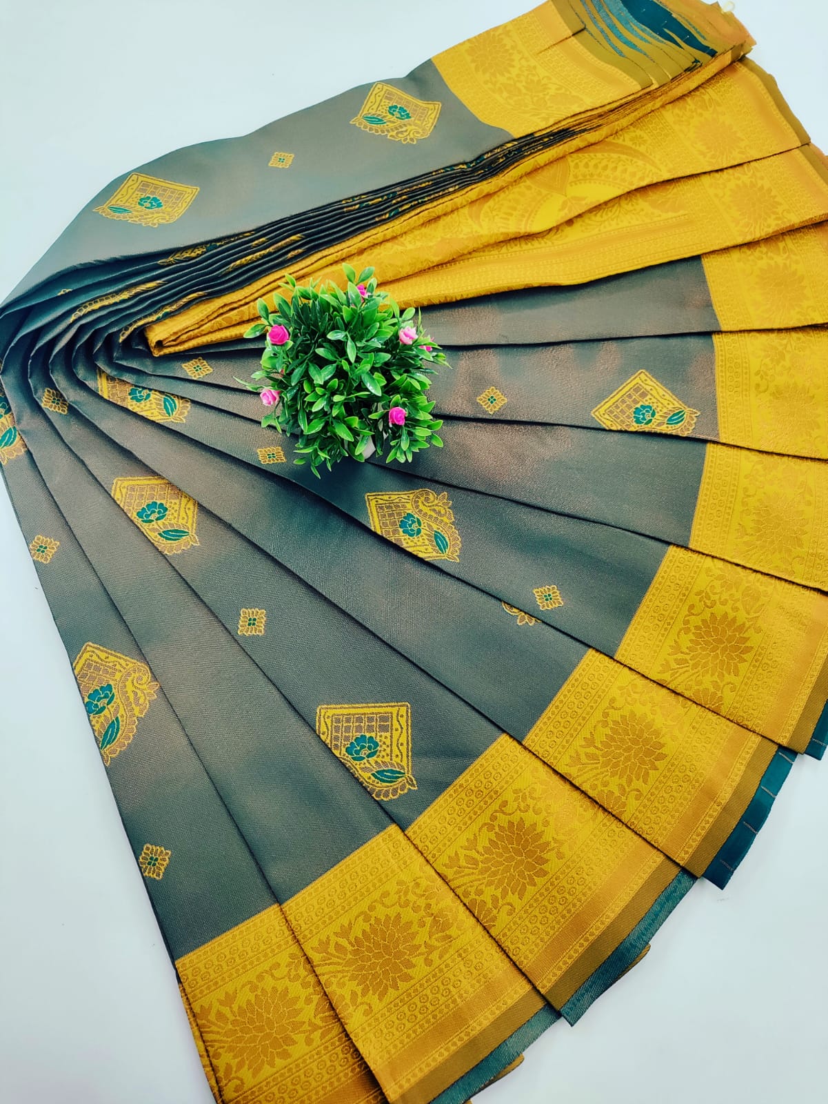 Tissue Silk Saree – Teal with Mustard Yellow Border