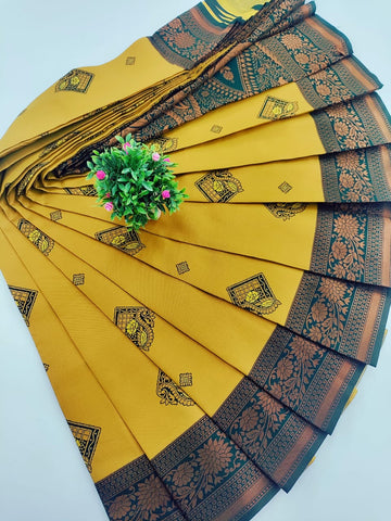 Tissue Silk Saree – Gold with Bottle Green Border:
