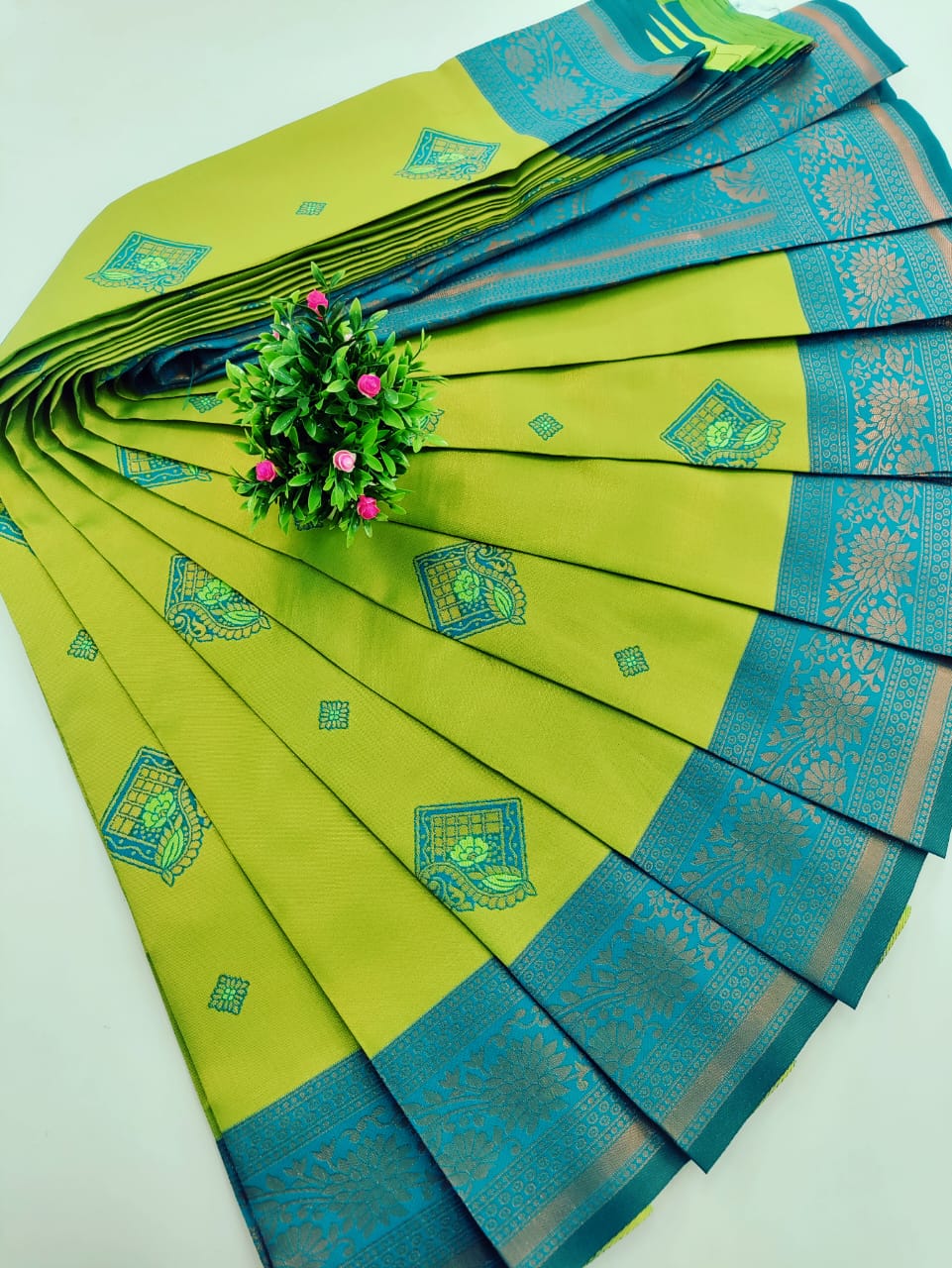 Tissue Silk Saree – Lime Green with Turquoise Blue Border