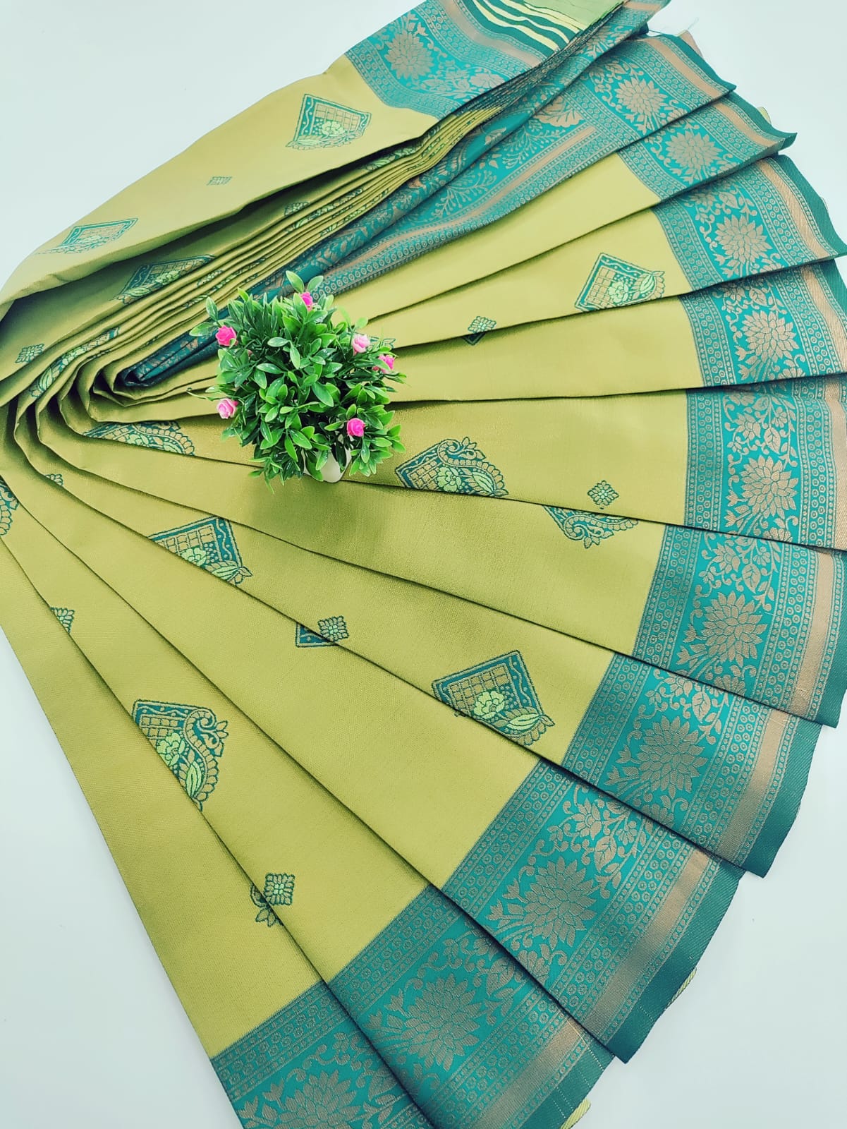 Tissue Silk Saree – Pista with Teal Border