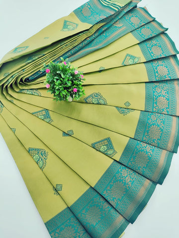 Tissue Silk Saree – Pista with Teal Border