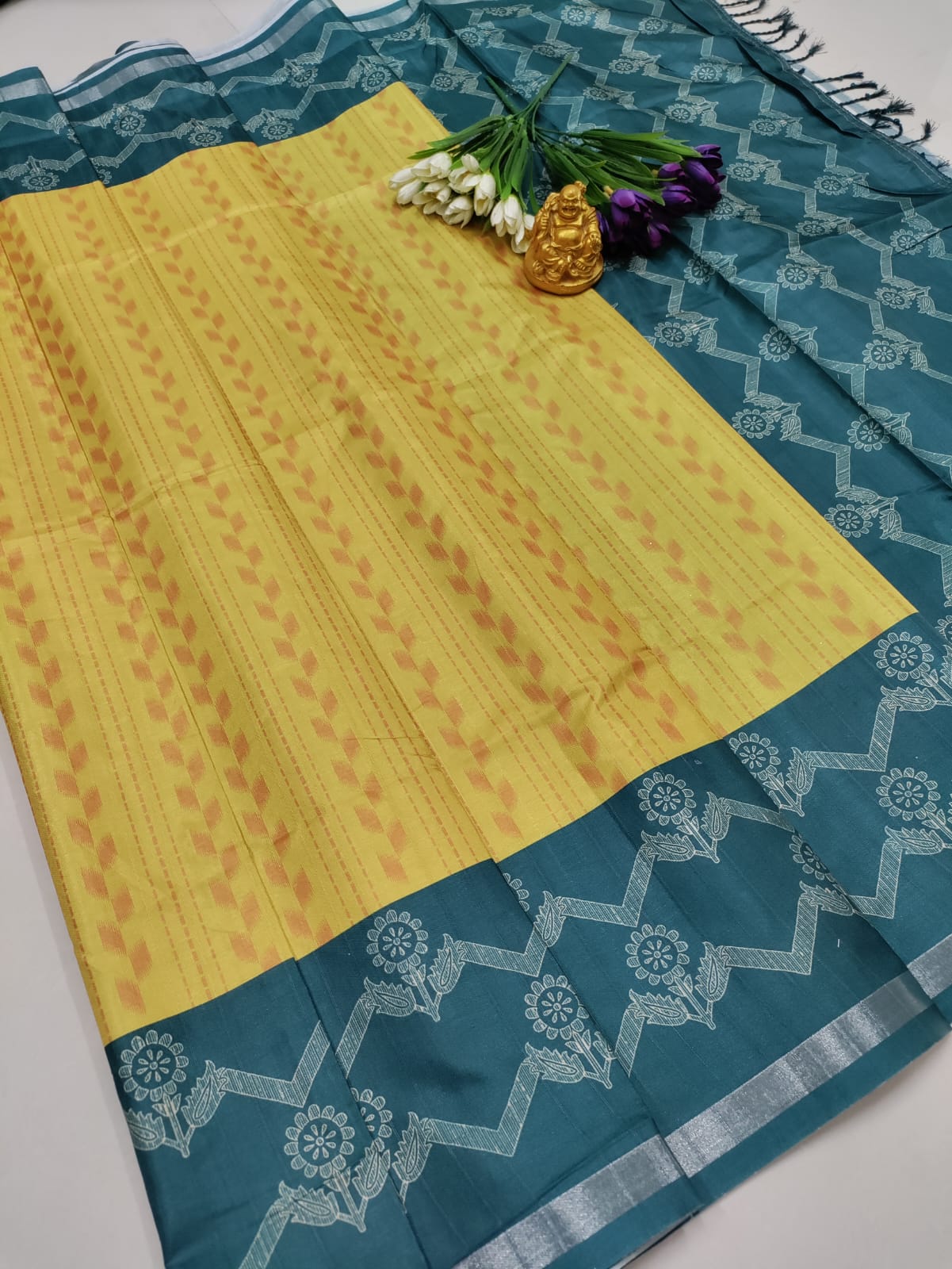 Premium Treasure Box Silk Saree – Yellow with Teal Green ✨