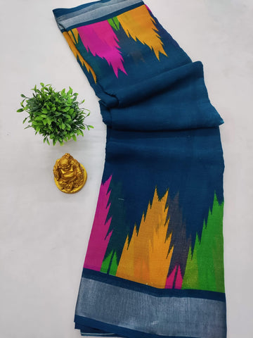 🦚 PEACOCK BLUE TOWER LINEN COTTON SAREE 🦚
