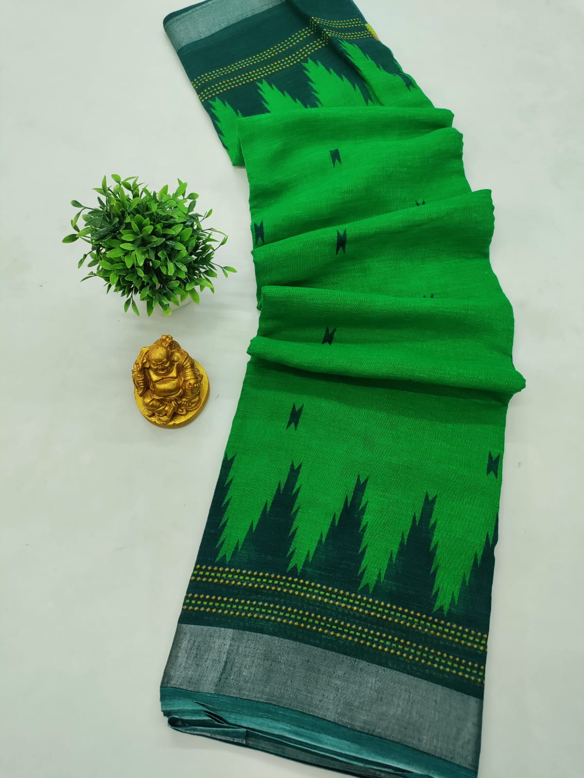 🟢 PARROT GREEN TOWER LINEN COTTON SAREE 🟢