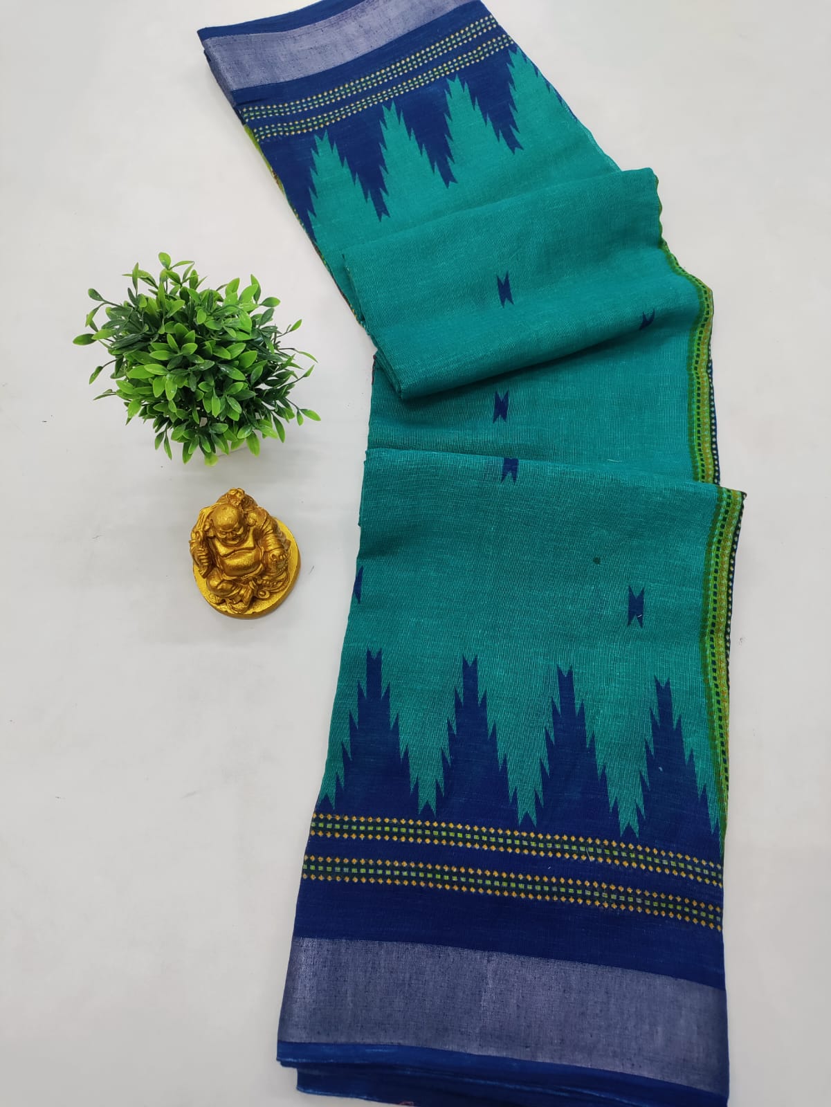 💚 TEAL GREEN TOWER LINEN COTTON SAREE 💚