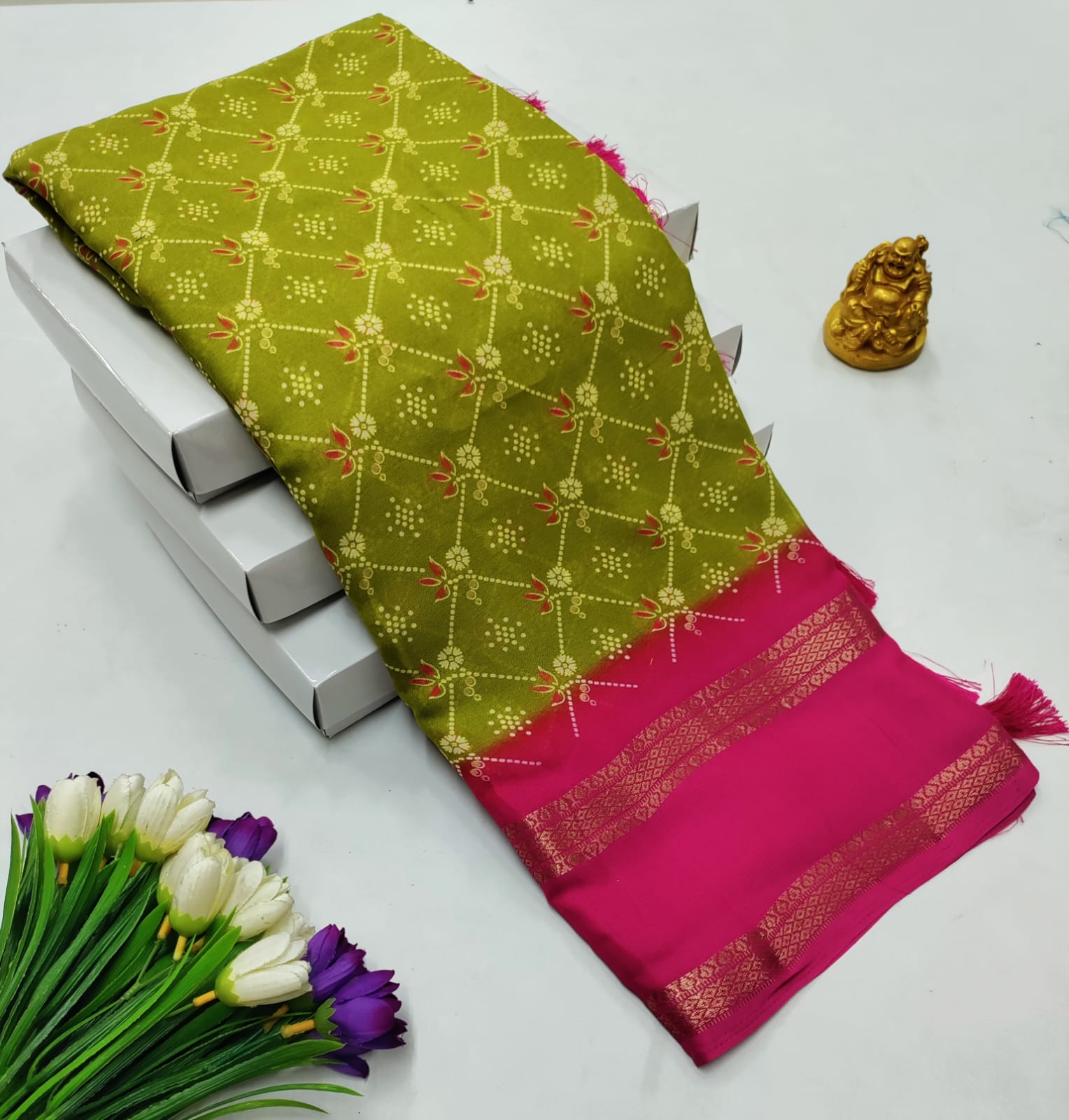 Mehandhi Green & Pink Contrast Georgette Saree