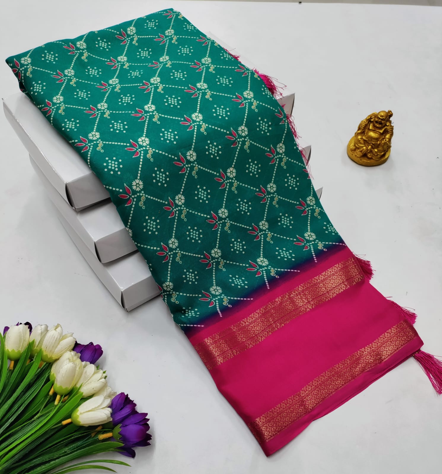 Teal & Pink Contrast Georgette Saree