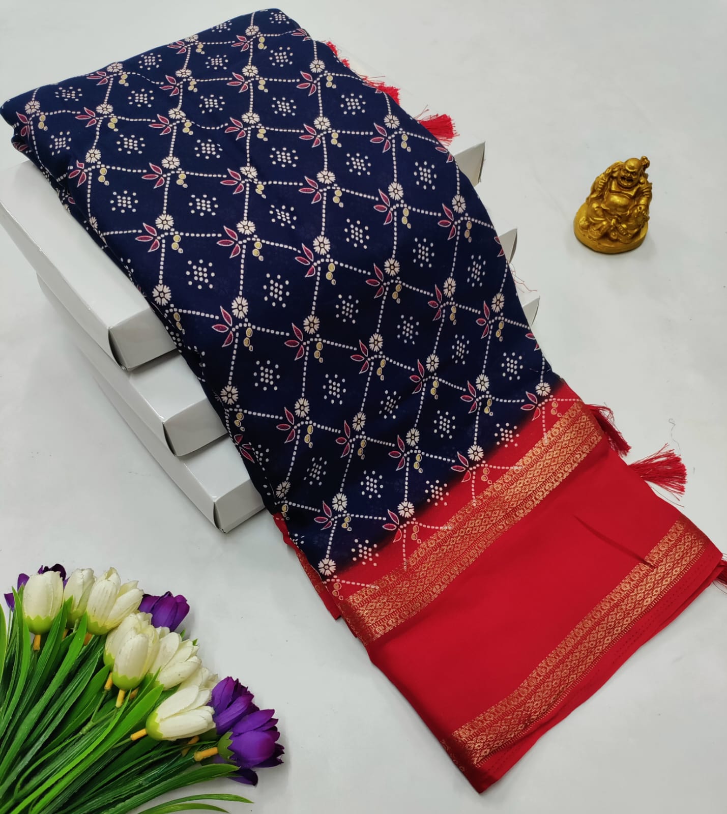 Navy Blue & Red Contrast Georgette Saree
