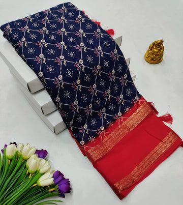 Navy Blue & Red Contrast Georgette Saree