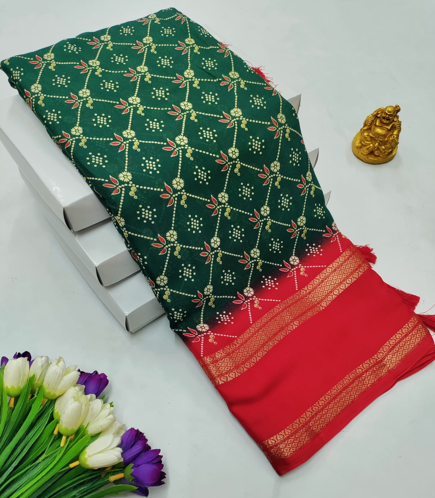 Bottle Green & Red Contrast Georgette Saree