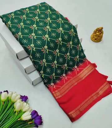 Bottle Green & Red Contrast Georgette Saree
