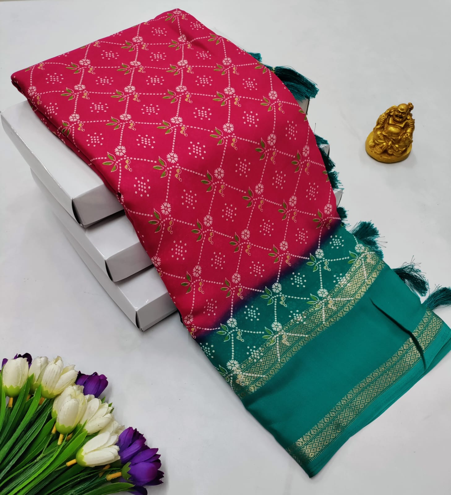Pink & Green Contrast Georgette Saree