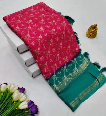 Pink & Green Contrast Georgette Saree