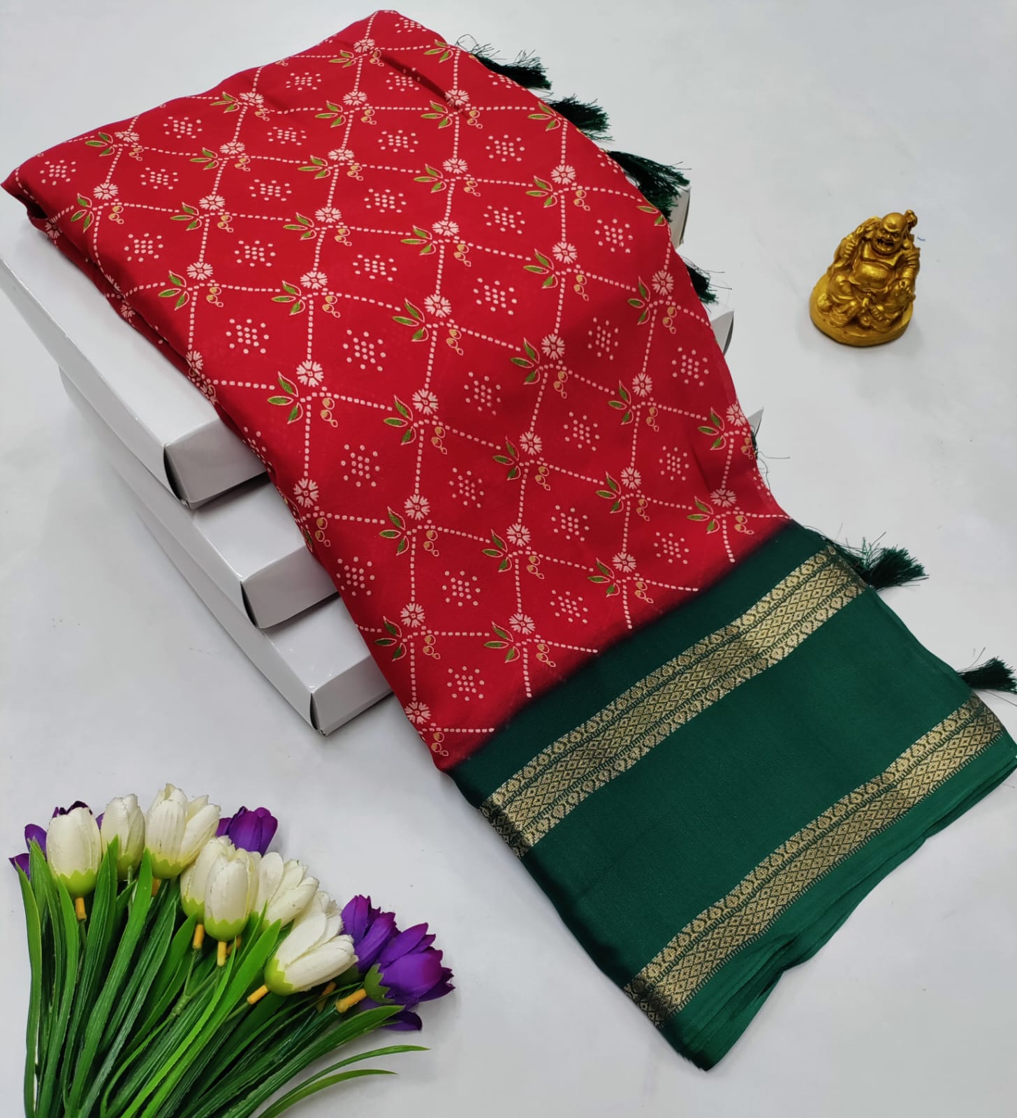 Red & Bottle Green Contrast Georgette Saree
