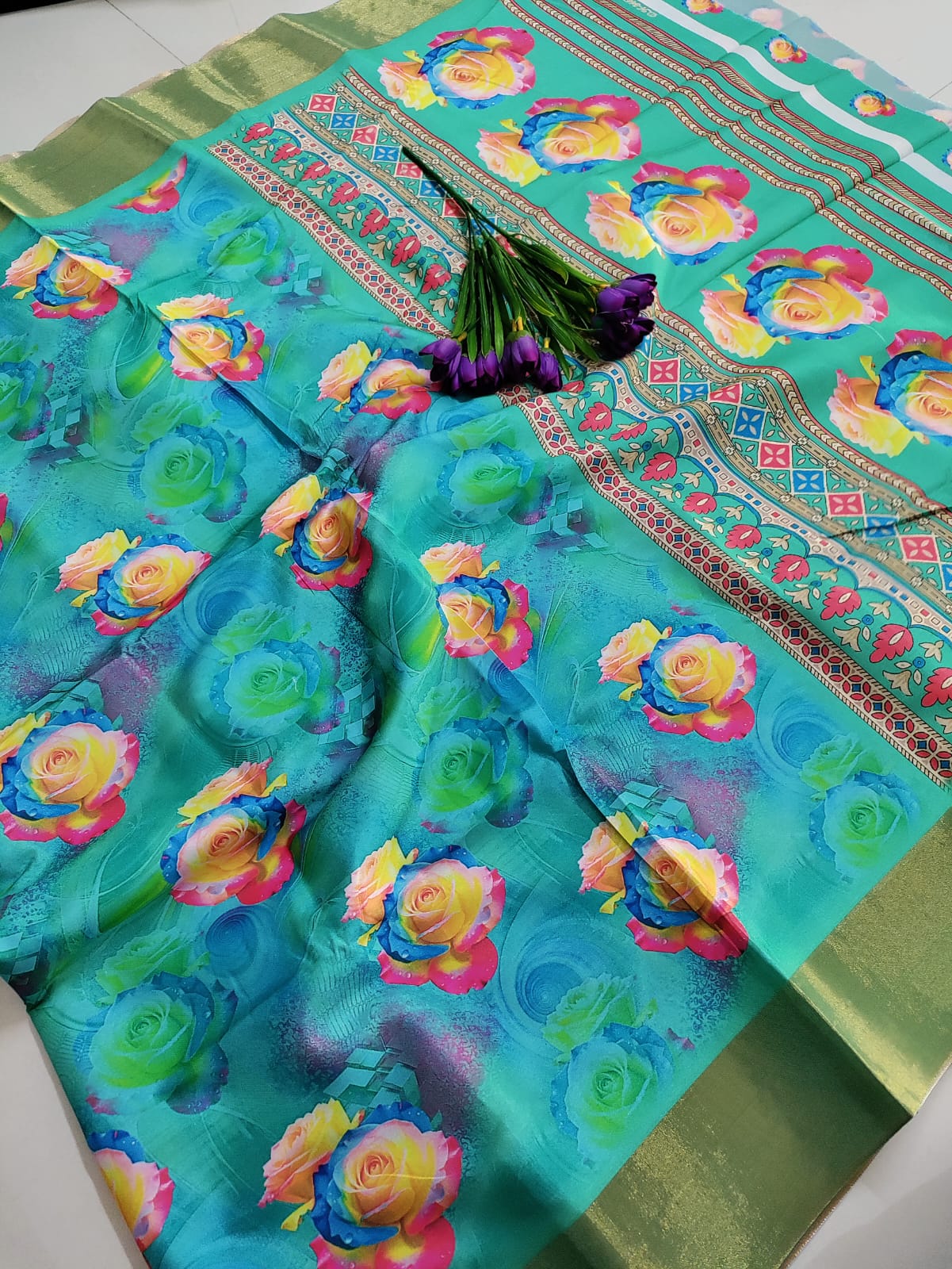 Elegant Floral Printed Paper Silk Saree