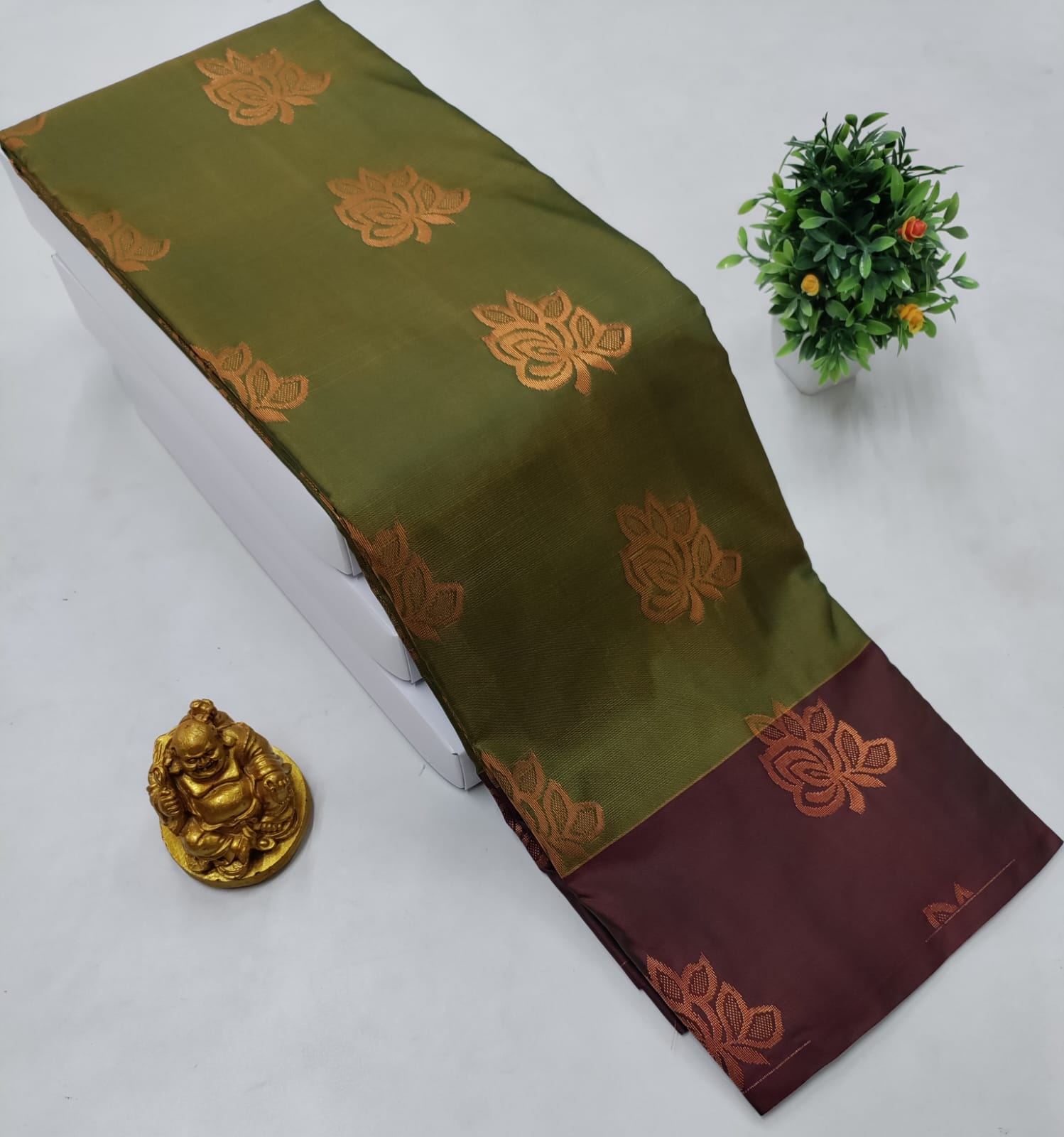 Olive Green & Maroon Soft Silk Saree