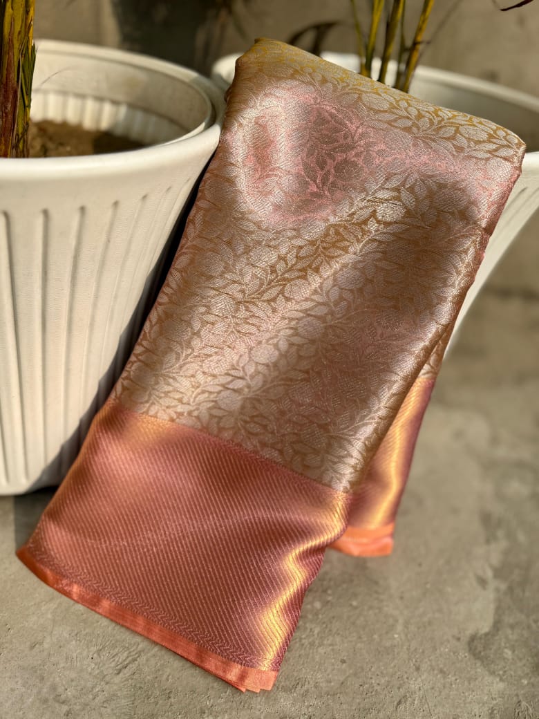 Elegant dual tone Peach Pink Banarasi Silk Saree