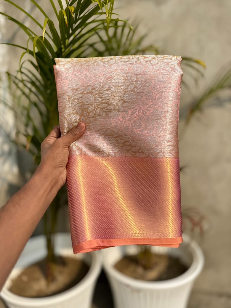 Elegant dual tone Peach Pink Banarasi Silk Saree