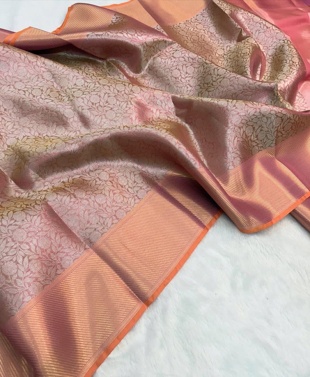 Elegant dual tone Peach Pink Banarasi Silk Saree