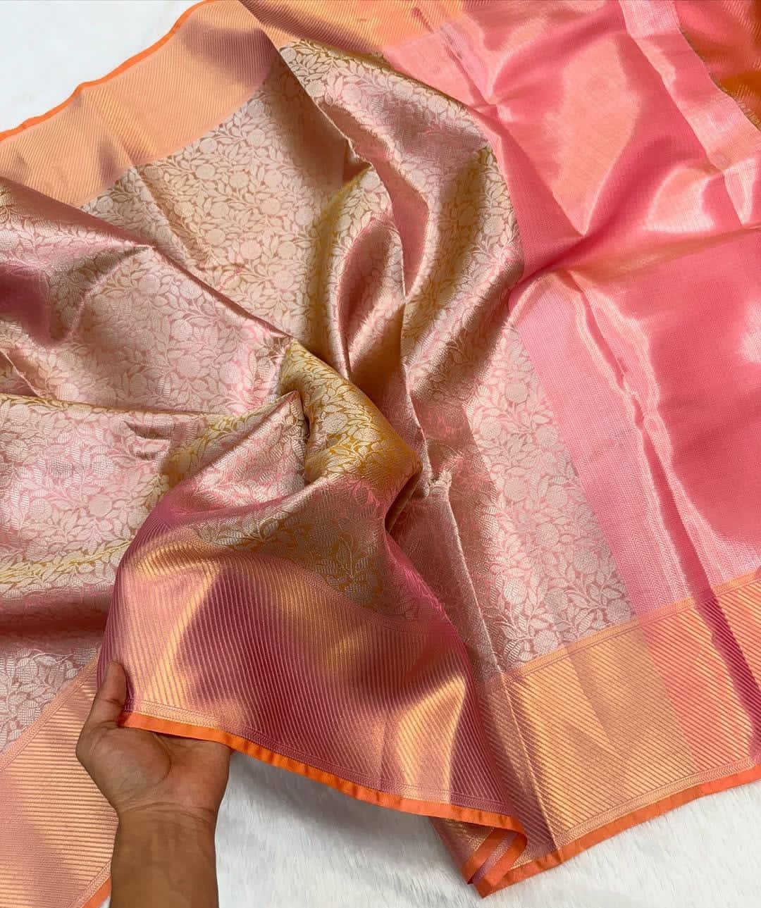 Elegant dual tone Peach Pink Banarasi Silk Saree
