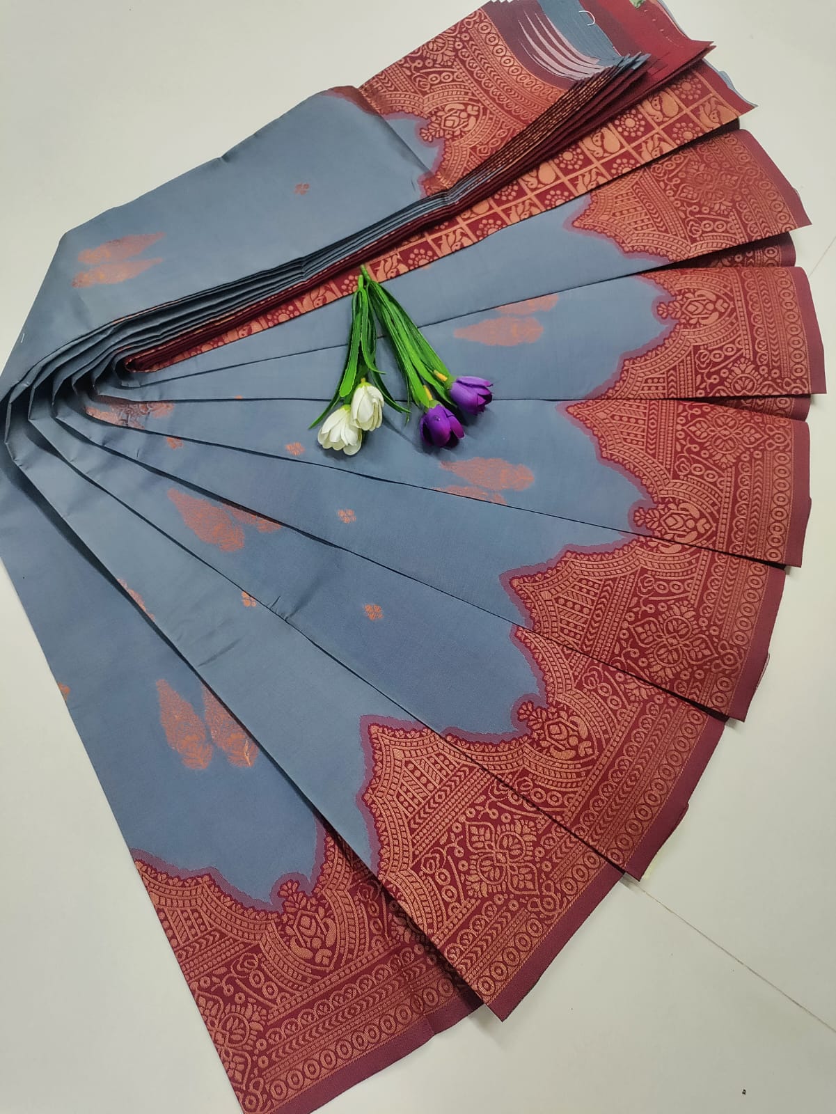 Grey with Maroon Soft Silk Saree