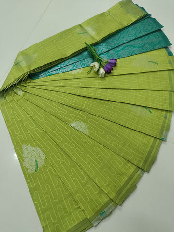 Mustard Green with Teal Blue Soft Silk Saree