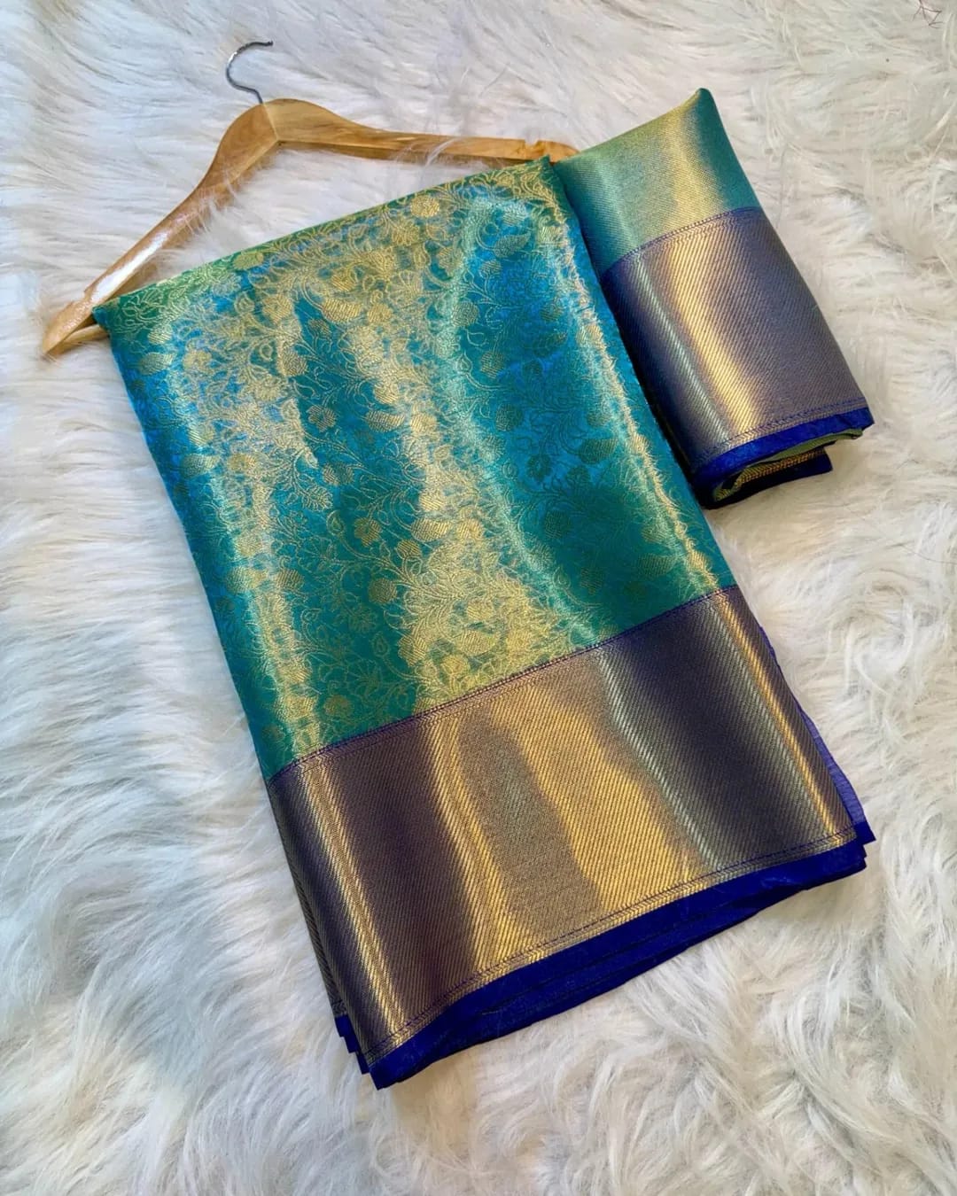 Premium Soft Banarasi  Silk Saree – Peacock Green With Dual Tone Metallic Border