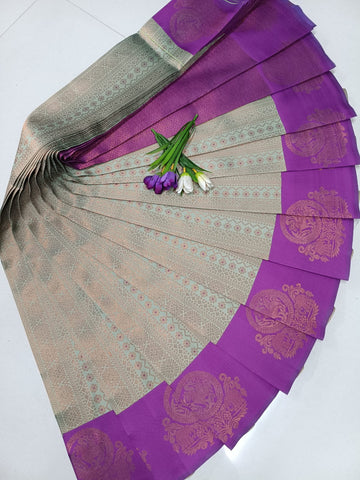 SAMRUTHI Soft Silk Saree – Beige-Green With Purple