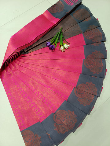 SAMRUTHI Soft Silk Saree – Pink With Grey