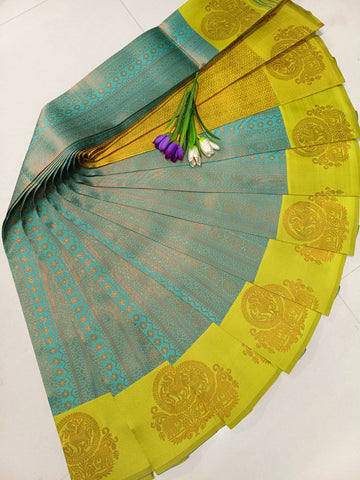 SAMRUTHI Soft Silk Saree – Aqua Blue With Mustard