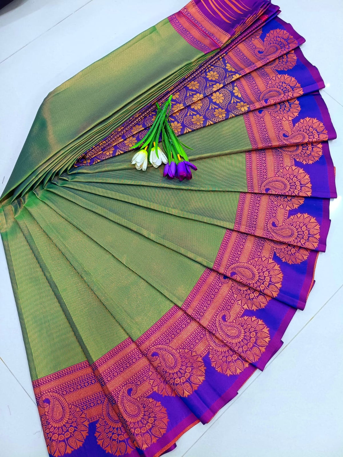 Royal Kanjivaram Soft Silk Saree – Green with Majestic Purple Zari Border