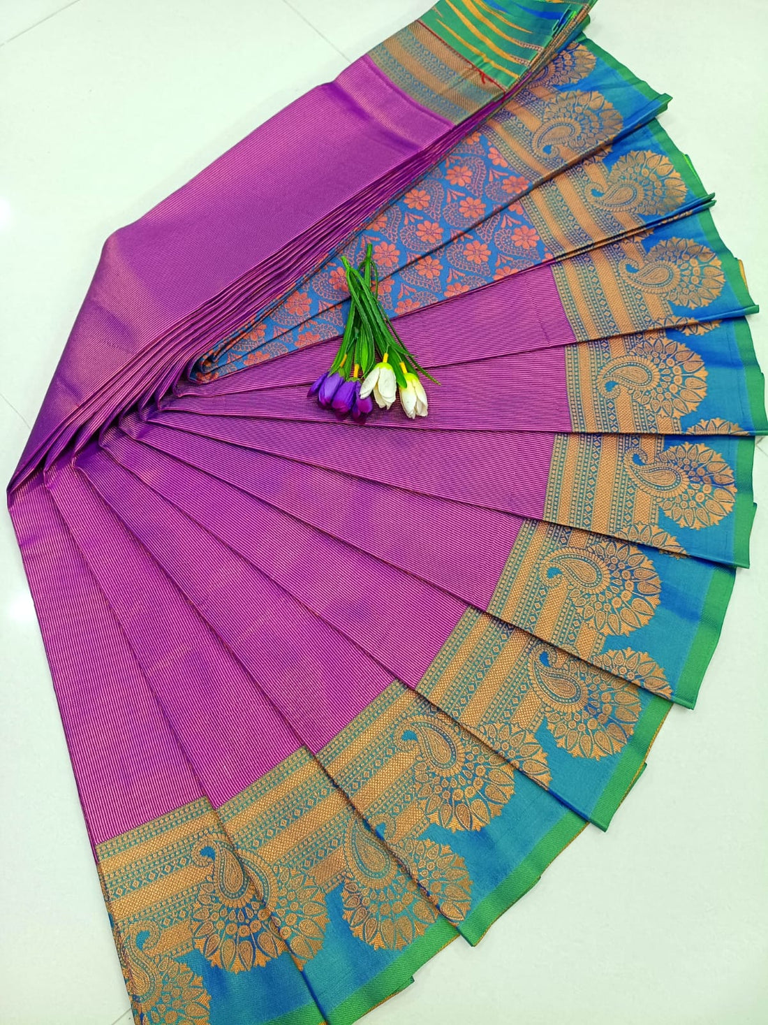 Royal Kanjivaram Soft Silk Saree – Purple with Blue Traditional Zari Border