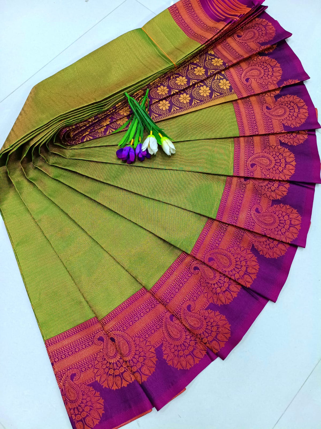 Royal Kanjivaram Soft Silk Saree – Olive Green with Rich Magenta Zari Border
